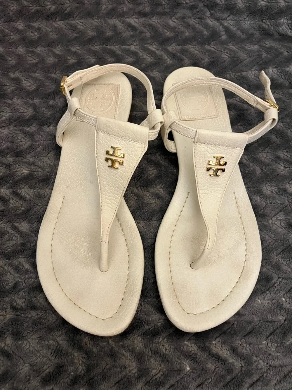 Tory Burch Britton White Leather Logo Thong Sandals with Gold Hardware